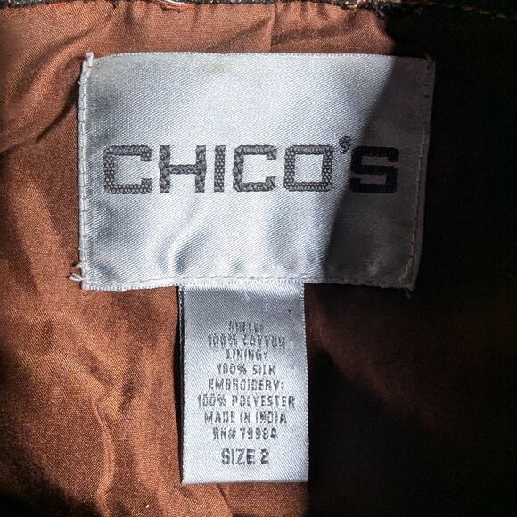 Vtg 1990s Chico's Brown Denim Silk Lined Primitive Tribal Embroidered Jacket 2 L - Picture 4 of 4
